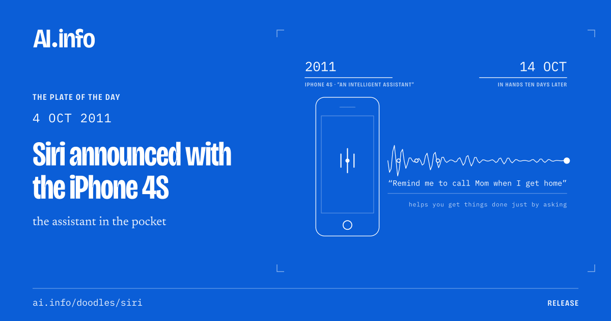 The plate for 4 Oct 2011: Siri announced with the iPhone 4S, drawn in white lines on the blue sheet